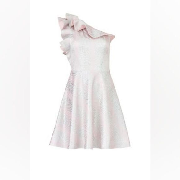 Blush Pink & Silver Metallic One Shoulder Dress w Cascading Ruffle Prom Dress - Picture 4 of 13
